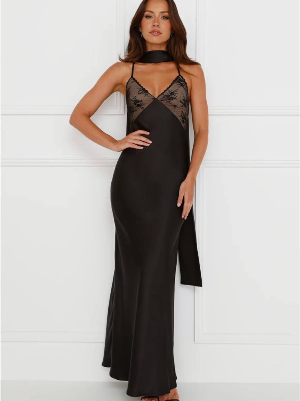 Runaway the label Black Satin Slip Gown with Lace Bodice and Neck Scarf